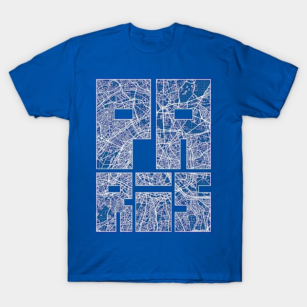 Paris, France City Map Typography - Blueprint T-Shirt by deMAP Studio